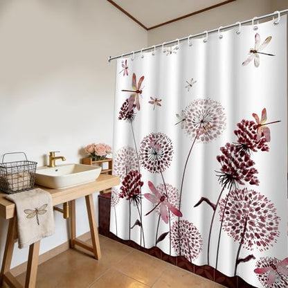 Burgundy & White Shower Curtain Spring Dandelion Dragonfly Deep Red and White Watercolor Shower Curtains for Bathroom Decor, Waterproof Cloth Fabric with Hooks 70" Wx72 L