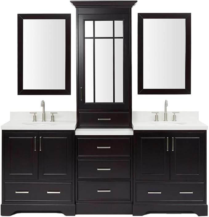 ARIEL Stafford 84-inch Bathroom Vanity with Sink,Solid Wood, 1.5-inch Pure White Quartz Countertop & Backsplash, Double Oval Porcelain Sink, 5 Soft Closing Doors, 6 Dovetail Drawers, Espresso