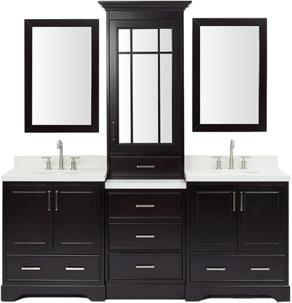 ARIEL Stafford 84-inch Bathroom Vanity with Sink,Solid Wood, 1.5-inch Pure White Quartz Countertop & Backsplash, Double Oval Porcelain Sink, 5 Soft Closing Doors, 6 Dovetail Drawers, Espresso