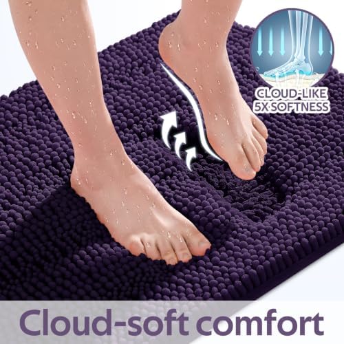 ACCUMTEK Striped Eggplant Purple Toilet Bathroom Rug Mat Set 2 piece Rug Ultra Soft, Non Slip Chenille Bath Rugs, Absorbent Plush Shaggy Bath Mats for Bathroom, Bedroom, Kitchen, Shower, Tub