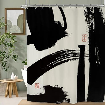 Abstract Black White Shower Curtain 60Wx72L Inch Brushstroke Modern Minimalist Contemporary Geometric Artwork Line Bathroom Set Accessories Decor with 12 Pack Hooks