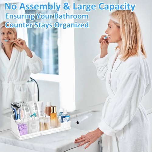 Bathroom Counter Organizer, Large White Silicone Toothbrush Holders for Bathrooms with 3PCS Qtip Holder, Bathroom Organizer Countertop Toothbrush and Toothpaste Holder for Makeup Organizer for Vanity