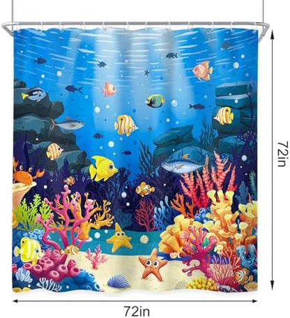 Ocean Coastal Fish Coral Kids 4Pcs Bathroom Shower Curtain Set with Rugs