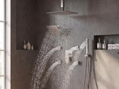 Shower System with Body Jets, Bostingner Four Modes Shower Faucet Sets with Handheld Spray 2 Ways, 4Pcs Shower Body Jets in Wall,10"+6" Rain Shower Head,Brushed Nickel Shower Sets Complete