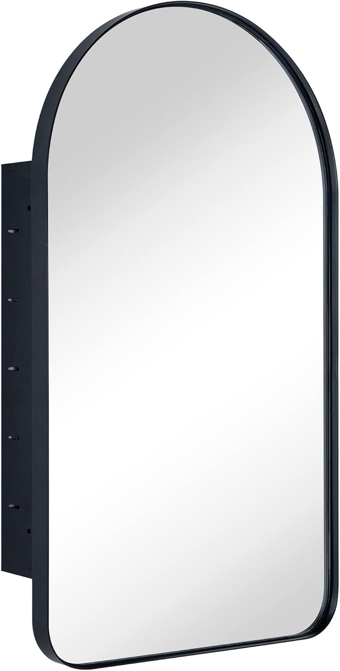 Matt Black Arched Recessed Bathroom Medicine Cabinet with Mirror Metal Framed Arch Vanity Cabinet with Mirros for Wall 16x28.3''