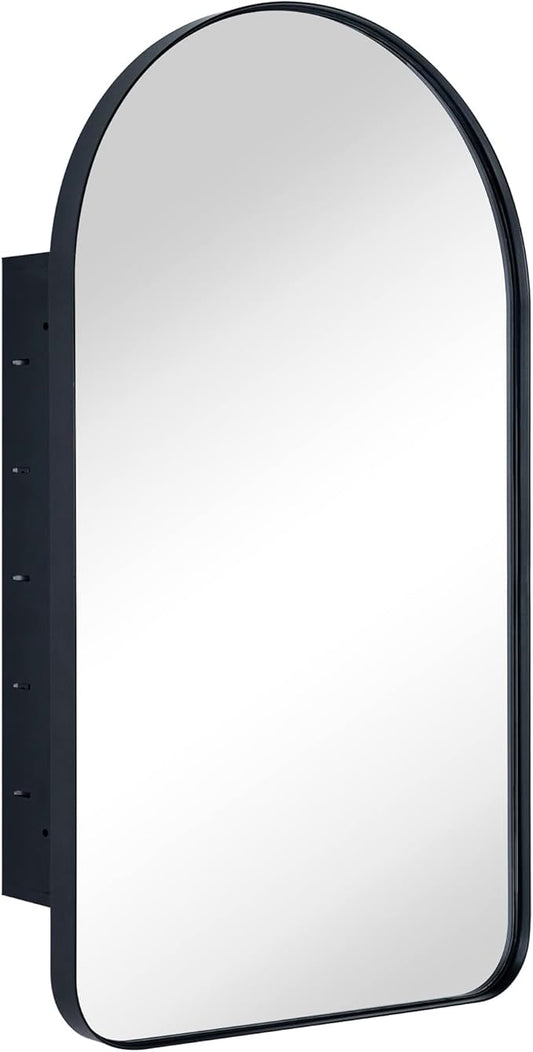 Matt Black Arched Recessed Bathroom Medicine Cabinet with Mirror Metal Framed Arch Vanity Cabinet with Mirros for Wall 16x28.3''