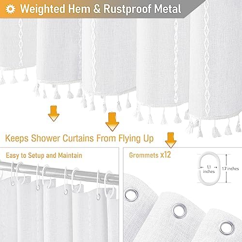 BTTN 72 x 90 Boho Famrhouse Linen Heavy Duty Cloth Shower Curtain, White