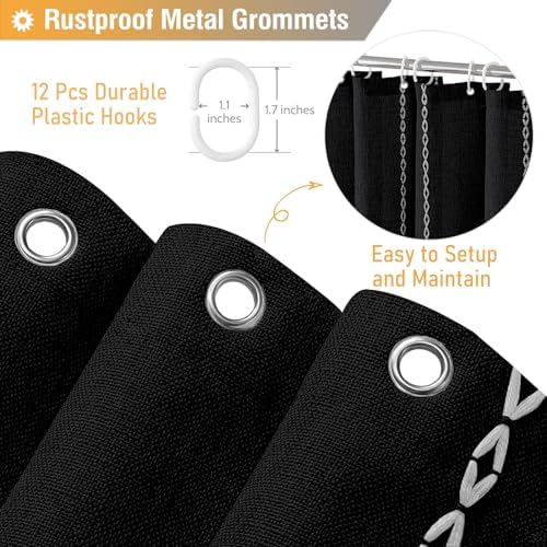 BTTN Black and White Boho Linen Heavy Duty Cloth Shower Curtain Set, 72x72