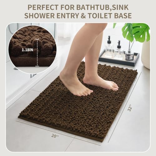 Bathroom Rugs Non Slip Washable 32x20, Extra Thick Soft Chenille Absorbent Bath Mat, High Density Barrier Non Slip Backing, Quick Dry Plush Shaggy Floor Carpet for Tub&Shower, Brown
