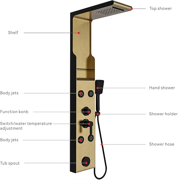 ELLO&ALLO Shower Panel Tower System with Shelf, Rainfall Shower Head and Rain Massage System with Body Jets, Stainless Steel Bathroom Fixtures, Brushed Gold&Black