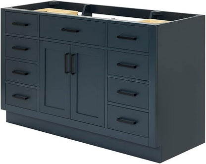 ARIEL Hepburn 54-inch Bathroom Vanity Base Cabinet,Solid Wood, 2 Soft Closing Doors, 9 Dovetail Drawers, Midnight Blue