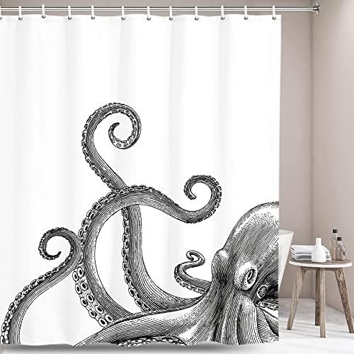Miyotaa Octopus Kraken Shower Curtain Set 60Wx71H Inches Nautical Ocean Tentacles Sea Creatures Mythical Black White Polyester Waterproof Bathroom Curtain with 12 Hooks