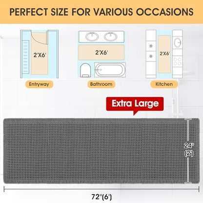 Extra Large Waffle Bath Mat Grey 6'x2'(72" x 24"), Boho Woven Modern Bath Mat Rugs, Absorbent Non Slip Bathroom Rugs, Soft Washable Bath Rugs with Tassels for Bathroom, Bedroom, Kitchen, Shower, Tub