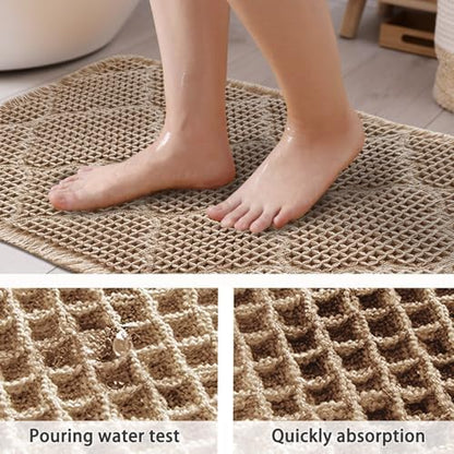 ZALL Tan Waffle Bath Mat,Super Absorbent Non Slip Bathroom Rug,Brown 17x24inch, Geometric Diamond Machine Washable Ultra Soft Floor Mats