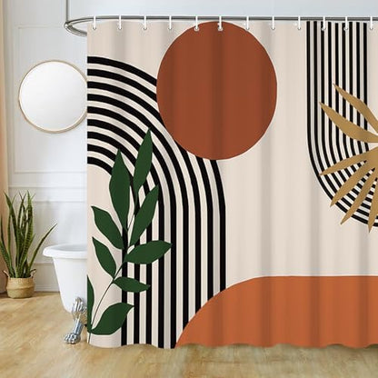 Mid Century Boho Shower Curtain, Abstract Minimalist Sunrise Fabric Shower Curtain Set Orange Waterproof Polyester Morden Abstract Leaves and Arch Bathroom Curtain Set with Hooks, 72x78 Inch