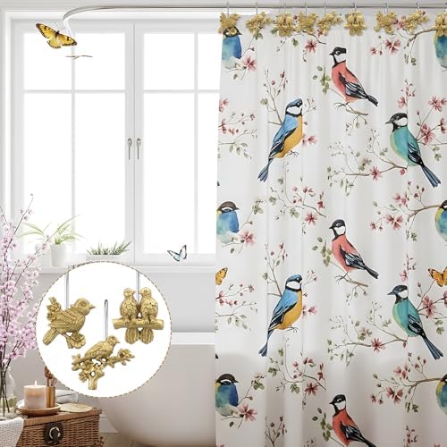 Amyhill 12 Pcs Bird Shower Curtain Hooks Antique Gold Birds Animal Decorative Hooks Rings Bulk Cute Hanger Stainless Steel Resin Nature Spring Themed Curtain Rings for Bathroom Bedroom Home Decor