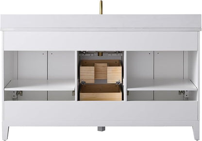 Vanity Art 60" Bathroom Vanity with Single Sink & Arabescato White Engineered Stone Top, Vanity Cabinet with Soft Closing Door, Solid Wood Frame, Golden Brushed Handles, White VA8160S-W-GB