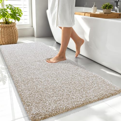 OLANLY Microfiber Bathroom Rugs 47x24, Quick Dry Bath Mat, Beige and White