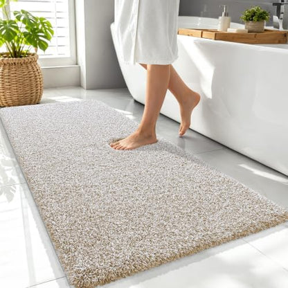 OLANLY Microfiber Bathroom Rugs 47x24, Quick Dry Bath Mat, Beige and White
