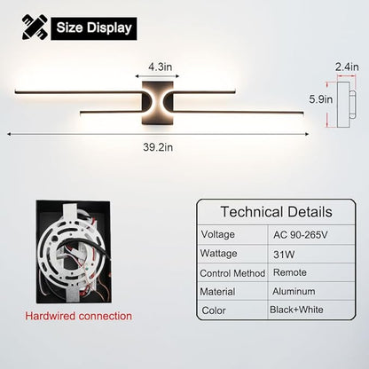 Vanity Light for Bathroom Lighting Over Mirror Black Dimmable 3CCT Vanity Lighting Fixture Modern Bath Vanity Bar 39in Led Bathroo Wall Sconce Lighting for Bedroom Living Room with Remote Control
