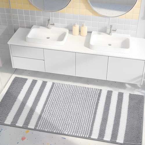 BSICPRO Large Bathroom Rugs Runner, 20x47 Chenille Bath Mats, Light Grey