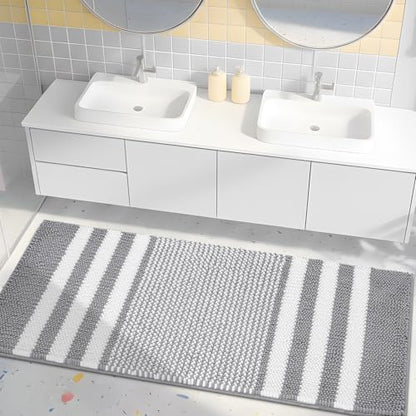 BSICPRO Large Bathroom Rugs Runner, 20x47 Chenille Bath Mats, Light Grey