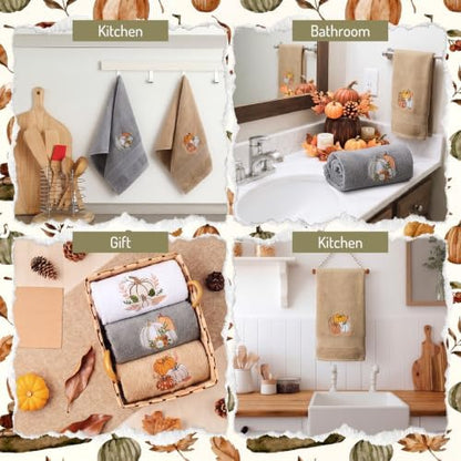 FuWeave 3 Pcs Gray Brown Fall Pumpkin Hand Towels for Bathroom