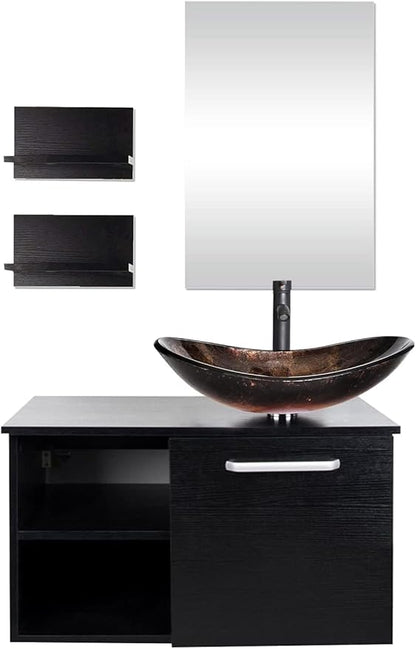 YOURLITE 28" Wall Mounted Bathroom Vanity Modern Lavatory Wood Cabinet with Mirror Oval Gold Boat Tempered Glass Sink Combo Vanities Set