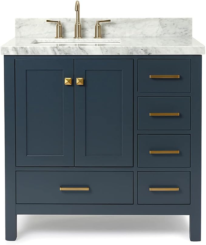 ARIEL Cambridge 36-inch Bathroom Vanity with Sink,Solid Wood, 1.5-inch Italian Carrara Marble Countertop, Single Rectangular Porcelain Sink, 2 Soft Closing Doors, 5 Dovetail Drawers, Midnight Blue