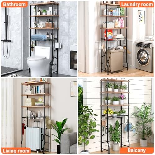 Over-The-Toilet Storage Shelves, 4-Tier Bathroom Organizer Shelf Over Toilet with Adjustable Feet Pad and Basket, Freestanding Space Saver Bathroom Storage Rack Above Toilet (Vintage Brown)