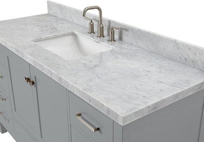 ARIEL Cambridge 60-inch Bathroom Vanity with Sink,Solid Wood, 1.5-inch Italian Carrara Marble Countertop, Single Rectangular Porcelain Sink, 2 Soft Closing Doors, 9 Dovetail Drawers, Grey