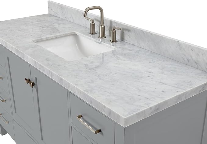 ARIEL Cambridge 60-inch Bathroom Vanity with Sink,Solid Wood, 1.5-inch Italian Carrara Marble Countertop, Single Rectangular Porcelain Sink, 2 Soft Closing Doors, 9 Dovetail Drawers, Grey