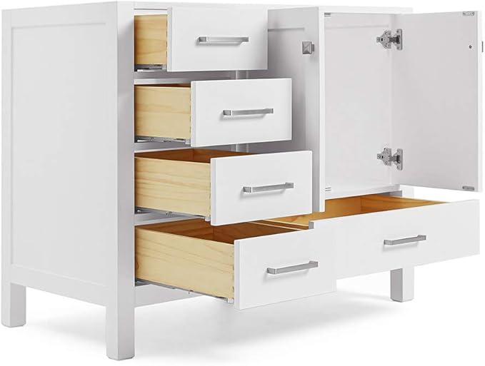 ARIEL Cambridge 42-inch Bathroom Vanity Base Cabinet,Solid Wood, 2 Soft Closing Doors, 5 Dovetail Drawers, White