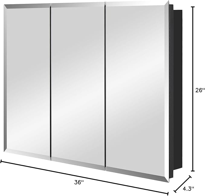 Black Bathroom Medicine Cabinet with Beveled Edge Mirrored Door 36 x 26 inch, Recessed or Surface Mount, with Adjustable Glass Shelves