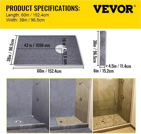 VEVOR Shower Curb Kit, 38"x60" Watertight Shower Curb Overlay with 4" ABS Offset Bonding Flange, 4" Stainless Steel Grate, 2 Cuttable Shower Curb and Trowel, Shower Pan Slope Sticks Fit for Bathroom