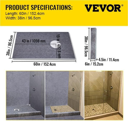 VEVOR Shower Curb Kit, 38"x60" Watertight Shower Curb Overlay with 4" ABS Offset Bonding Flange, 4" Stainless Steel Grate, 2 Cuttable Shower Curb and Trowel, Shower Pan Slope Sticks Fit for Bathroom