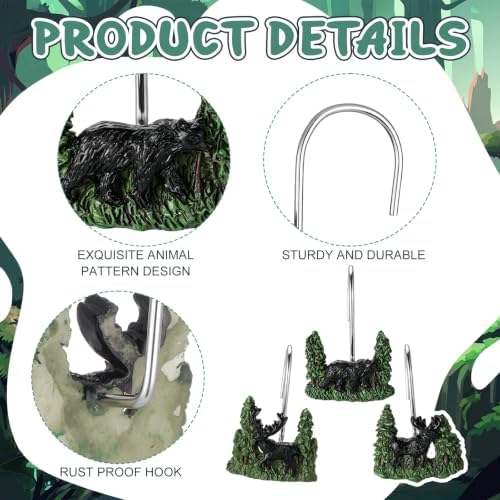 Roowest 12 Pcs Farmhouse Shower Curtain Hooks Wildlife Animal Bear Deer