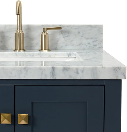 ARIEL Cambridge 36-inch Bathroom Vanity with Sink,Solid Wood, 1.5-inch Italian Carrara Marble Countertop, Single Rectangular Porcelain Sink, 2 Soft Closing Doors, 5 Dovetail Drawers, Midnight Blue