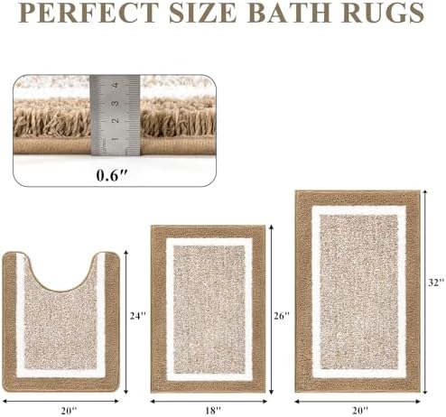 Pauwer 3 Piece Bathroom Rug Set, Non Slip Washable Bath Mat, Khaki