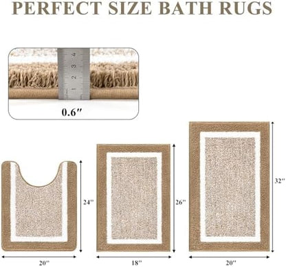 Pauwer 3 Piece Bathroom Rug Set, Non Slip Washable Bath Mat, Khaki