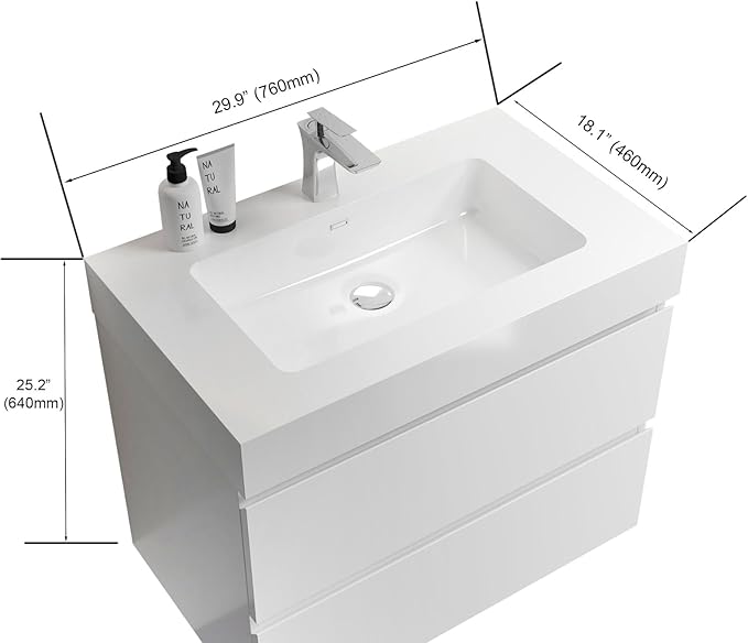 30" Floating Bathroom Vanity with Sink, Modern Bathroom Cabinet with Top and Soft Close Drawers, Spacious Storage for Small Space, White - Lavanda Collection