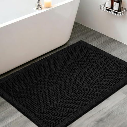 Upgraded Waffle Bath Mat, 32"x20" Black-Herringbone, Super Absorbent Non-Slip Quick Dry Bathroom Rugs with Tassels, Machine Washable Ultra Soft Boho Bath Rugs, Toilet Mats Boho Farmhouse Decor