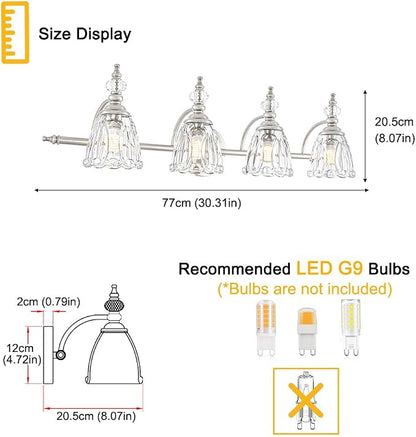 4 Light Brushed Nickel Bathroom Light Fixture, Antique Vanity Light with Flower Glass Shade, Bathroom Vanity Light Over Mirror, Farmhouse Sconces Wall Lighting for Hallway Livingroom Bedroom