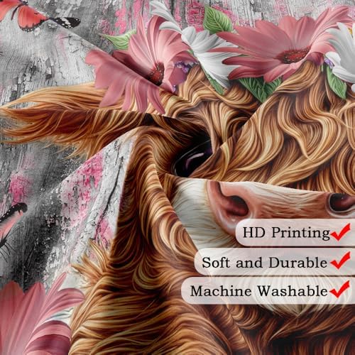 Funny Highland Cow Daisy Flower Shower Curtain, Rustic Wooden Barn Door Farm Animal Shower Curtain Set Farmhouse Western Bath Curtain Modern Cattle Bull Bathroom Accessories Home Decor 47X64in