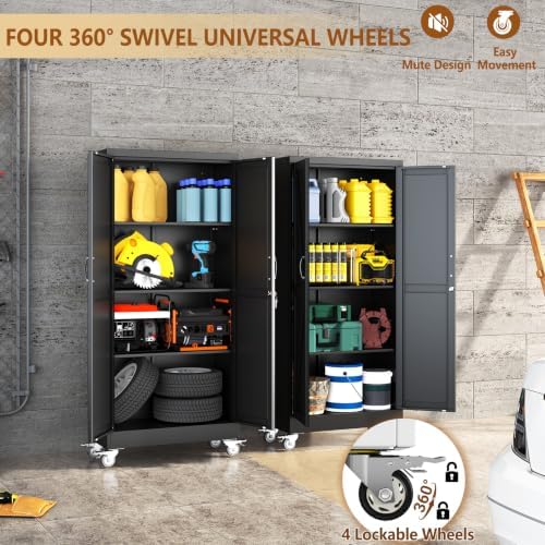 61" Metal Garage Storage Locker Cabinet with Wheels,Rolling Black Farmhouse Kitchen Pantry Cabinet with 2 Doors and 3 Adjustable Shelves, Steel File Tool Cabinet for Home Office Warehouse