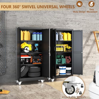 61" Metal Garage Storage Locker Cabinet with Wheels,Rolling Black Farmhouse Kitchen Pantry Cabinet with 2 Doors and 3 Adjustable Shelves, Steel File Tool Cabinet for Home Office Warehouse