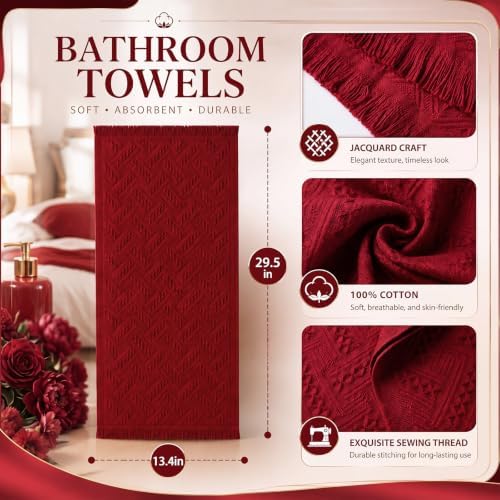 HunnmingRe 4 Pack Boho Hand Towel for Kitchen, Burgundy Red