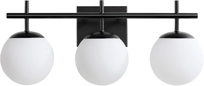 AIJIASI Black Bathroom Vanity Light, 3-Light Bathroom Lighting Fixtures Over Mirror with Milky White Globe Glass Shade, Mid Century Modern Vanity Lights Fixture Over Mirror 22.4 Inch