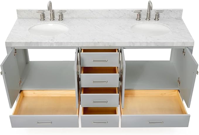 ARIEL Cambridge 72-inch Bathroom Vanity with Sink,Solid Wood, 2-inch Italian Carrara Marble Countertop & Backsplash, Double Oval Porcelain Sink, 4 Soft Closing Doors, 6 Dovetail Drawers, Grey