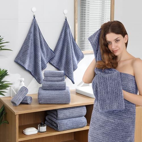 Ycosy 18 Piece Bath Towels Set,100% Microfiber Family Bathroom Towel with Hanging Loops-6 Bath Towels,6 Hand Towels,6 Washcloths,Quick Dry Highly Absorbent Shower Towel for Bathroom,Hotel,Spa-Navy